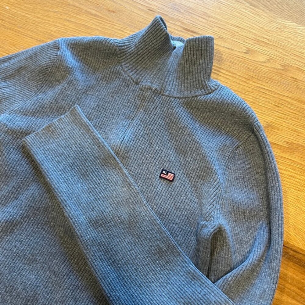 Ralph Lauren Polo Jeans Quarter Zip Sweater Small Gray Ribbed Knit Flag Logo RL